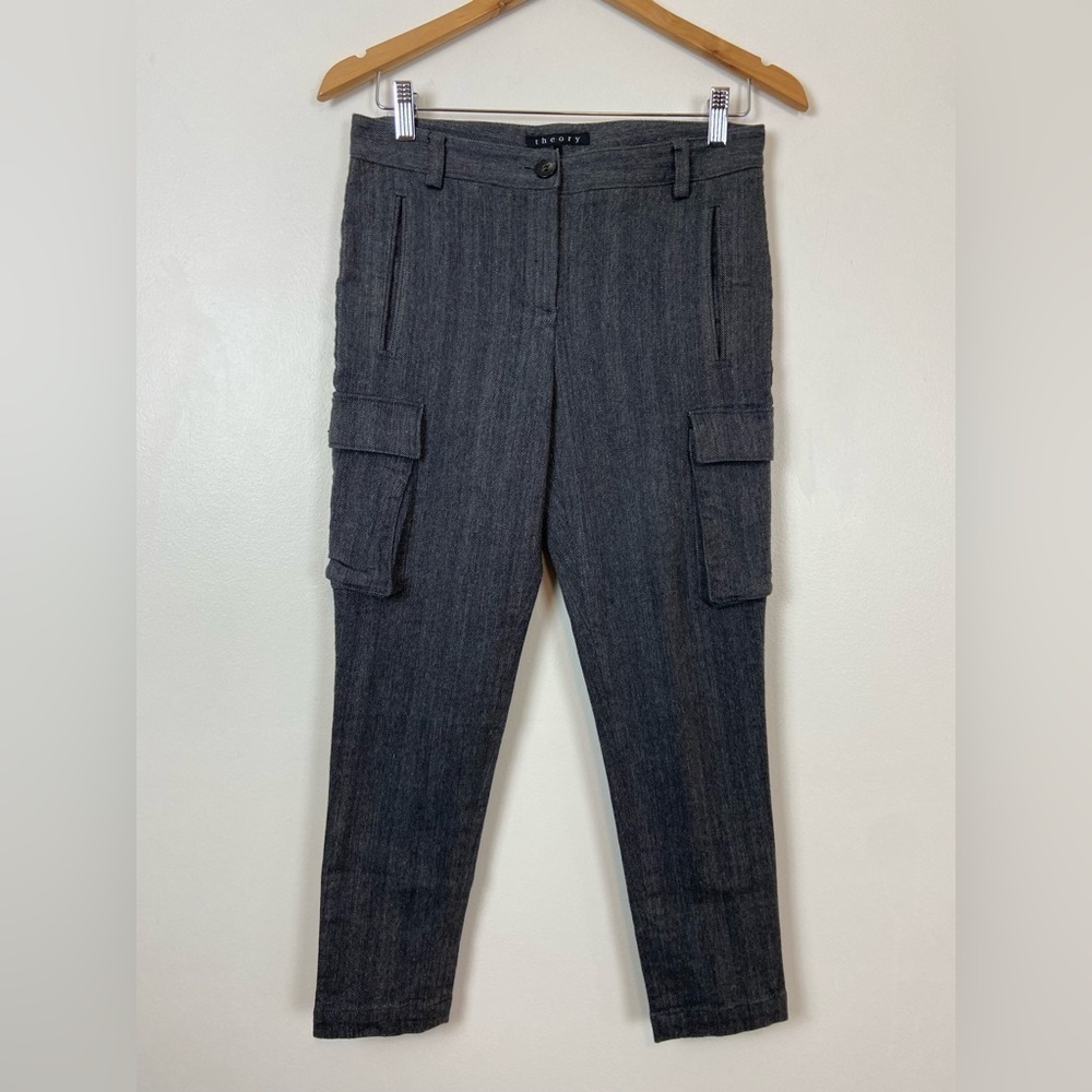 Theory Herringbone Tweed Cargo Mid Rise Slouchy Casual Dress Pant Trousers 0